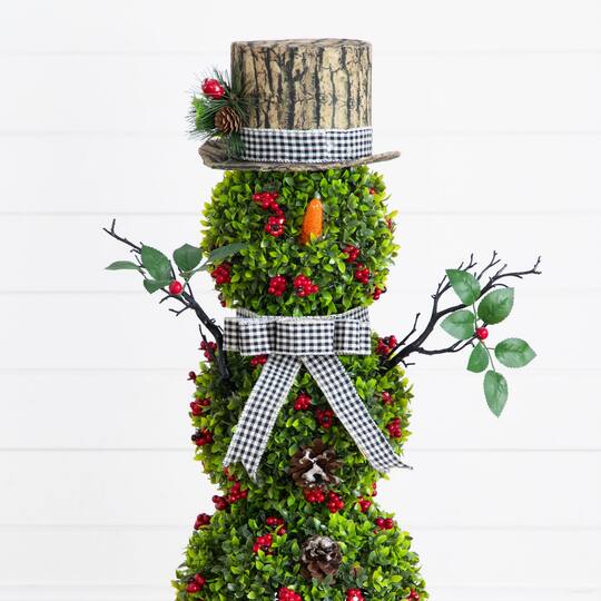 Nearly Natural 3.5ft. Pre-Lit Artificial Christmas Boxwood Snowman Topiary Tree in Decorative Planter